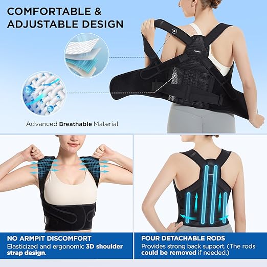 Posture Corrector for Women and Men: Adjustable Back Brace for Upper Back Support & Shoulder Neck Pain Relief - Lightweight Breathable Design (Black Large)