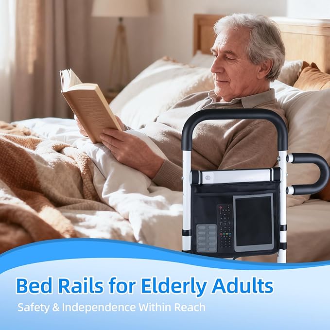 Bed Rails for Elderly Adults Safety with Motion Sensor LED Light - Adjustable Bed Assist Rails for Full Size, Portable Bed Cane for Seniors with Storage Pocket, Hold Up to 330 Lbs