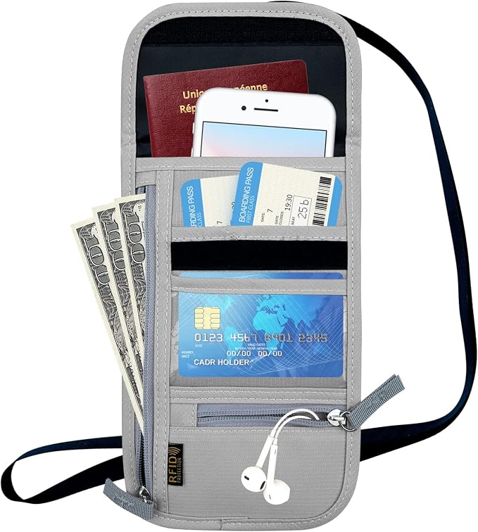 Travel Neck Wallet, RFID Blocking Passport Holder with Adjustable Neck Strap for Men and Women to Keep Cash, Credit Cards and Travel Documents Safe - Grey