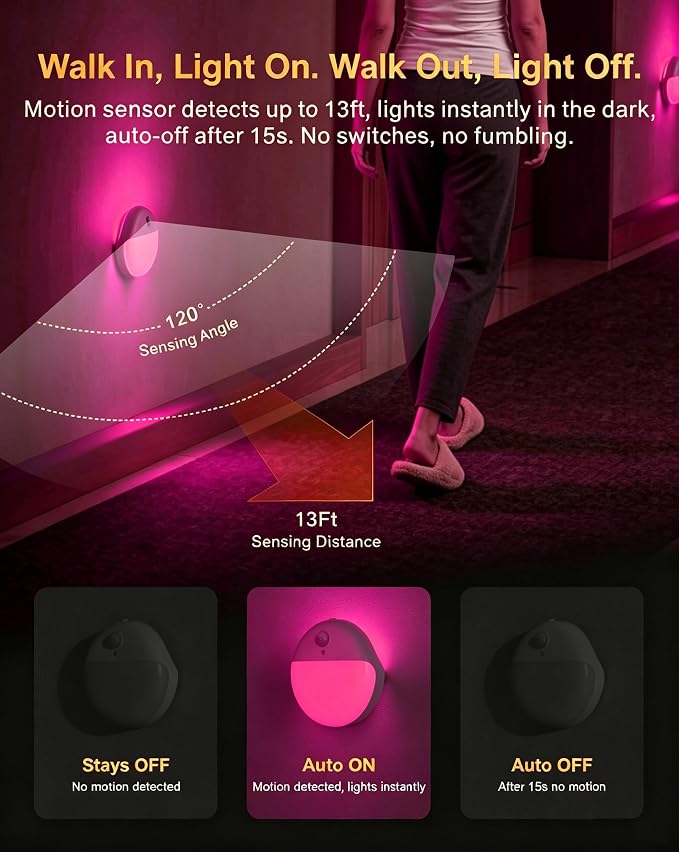 Pink Motion Sensor Night Light Battery Operated, Dim Light,1-15lm | 2 Pack, 3 Modes, Dimmable, Wireless Motion Activated Light, Stick on, Pink Light for Girls, Bathroom, Bedroom, Room Decor