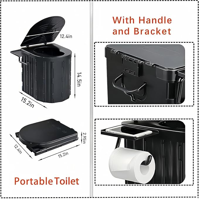 UOPBYEA Portable Camping Toilet for Adults With Urine Gel & Leak-Proof Bags | Washable, 12-Inch Extra Wide Seat, With Handle and Bracket, For Camping, Tent, Outdoor, Travel, RV, Car, Beach, Trucker, Boat