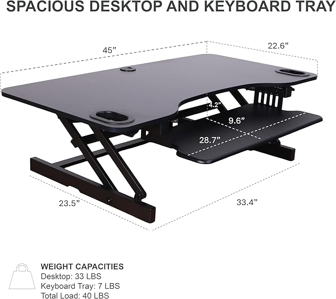 Rocelco 45" Height Adjustable Standing Desk Converter - Slide Out Retractable Keyboard Tray - Sit Stand Up Triple Monitor Riser - Dual Piston Lift Tabletop Computer Workstation - Black (R ADRB-45)