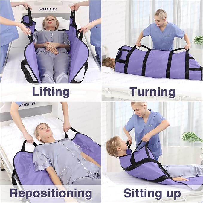 Multipurpose 48" x 40" Positioning Bed Pad with Reinforced Handles - Reusable & Washable Patient Sheet for Turning, Lifting & Repositioning - Double-Sided Nylon Fabric, Purple