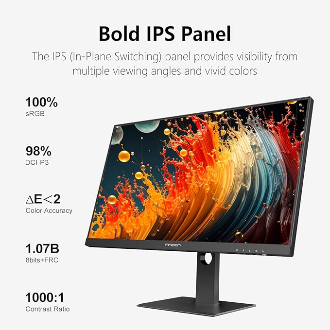 INNOCN 27 Inch 4K Monitor Computer UHD 3840 x 2160 LCD IPS Display, HDR400, USB Type C DP HDMI PC Monitor, 1.07B+ Colors, Built-in Speakers, Pivot/Height Adjustable Stand, Black