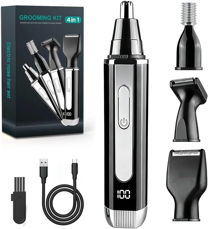 Nose Hair Trimmer for Men and Women: 4-in-1 Rechargeable Grooming Kit for Nose, Ear, Eyebrow & Beard, LED Display, High-Speed Precision Motor, USB-C Charging, Waterproof, Travel-Friendly (Black)