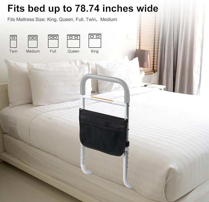 Panta Bed Assist Rail for Elderly Adults, ASTM Approved Adjustable Bed Assist Bar with Fixing Strap and Storage Bag, Foam Padded Handle, Portable Bed Cane, Fits Twin Full Queen King, Grey