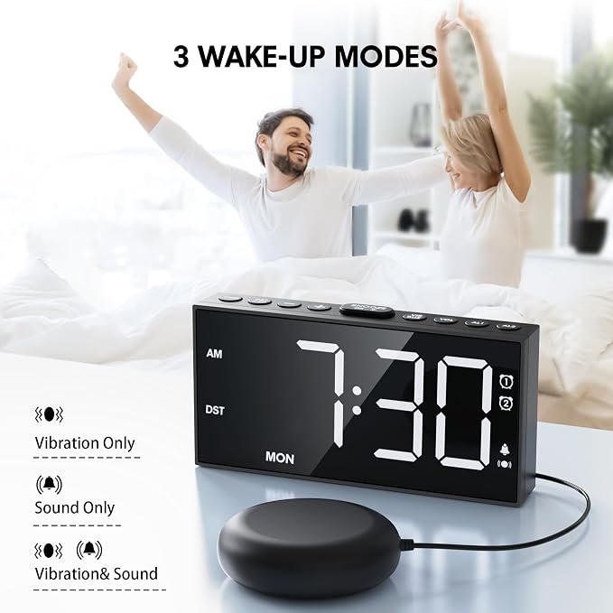 Mesqool Loud Alarm Clock with Bed Shaker & Dual Alarms, USB Port | Extra loud Vibration Alarm Designed for Heavy Sleepers & Hearing Impaired. 5-level Dimmer, Battery Backup, Snooze & DST