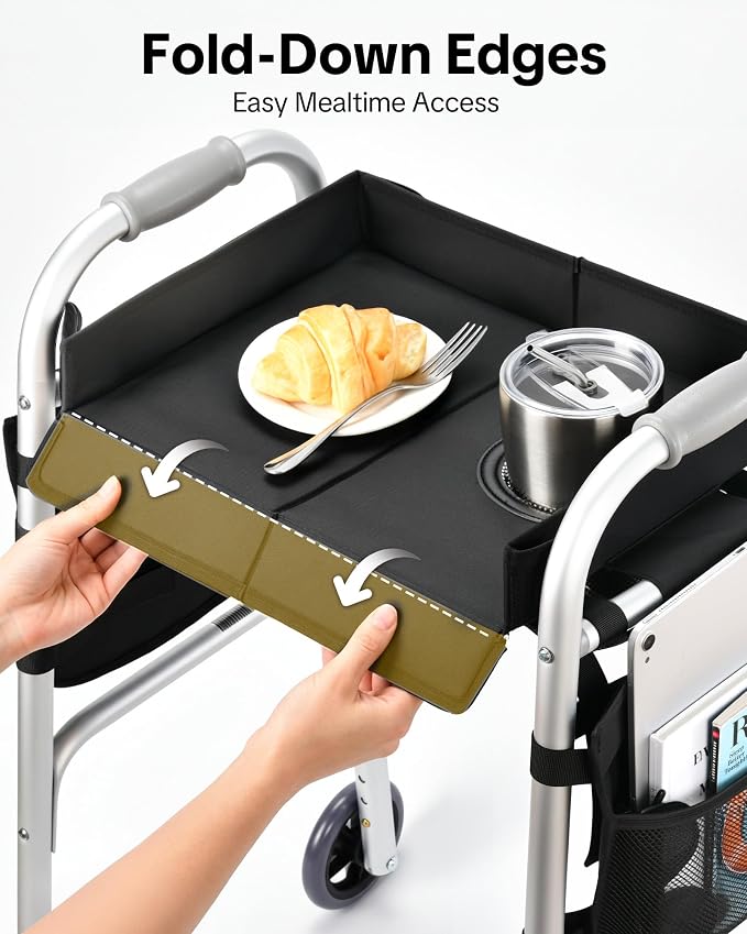 Walker Tray for Folding Walker, Side Pockets & Cup Holder | Fits 17–19" Folding Walkers with Side Bars, Easy Install, Adjustable Straps, Spill-Resistant Surface, Lightweight for Seniors