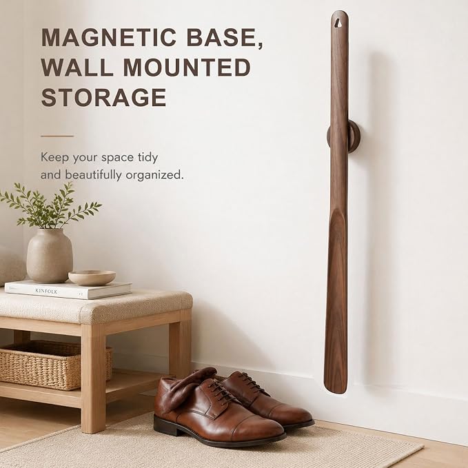 Geelin 2 Pcs 29.5" Magnetic Shoehorn, Long Wooden Shoe Horn Long Handle Shoehorn for Seniors Men Women, Magnetic Base Wall Mounted Dressing Stick for Elderly Limited Mobility (Walnut)