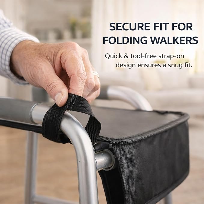Walker Tray for Folding Walkers, 50 lb Capacity, Cup Holder | 50 lb capacity tray for folding walkers with cup holder and front pockets for meals, drinks, phone, tissues and medications