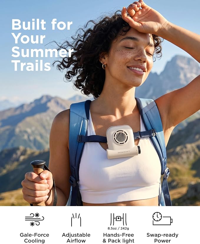 InoKraft Waist Fan with 2 Swappable 4Ah Batteries | Portable Rechargeable Fan for Hiking & Travel, Clip-On Waist Fan, Extended Runtime for Long Trips, 49 ft/s Turbo Airflow