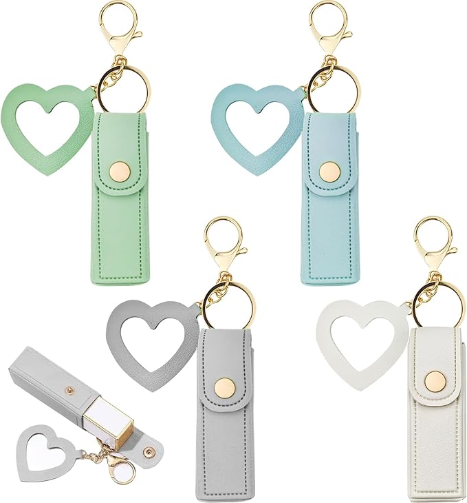 Arvintas 4 PACK PU Leather Potable Chapstick Holder Key Chain Bulk with Mirror, Lipstick Keychain, Lip Balm Organizer Holder Lipstick Travel Makeup Storage Case for Women Girls (Style 4)