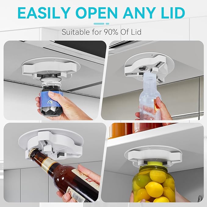 Jar Opener Bottle Opener for Seniors with Arthritis - Under Cabinet Jar Opener for Weak Hands, Rotary Lid Opener, Easy Twist-Off Lids for Jars & Bottles, Original Kitchen Gadgets (White)