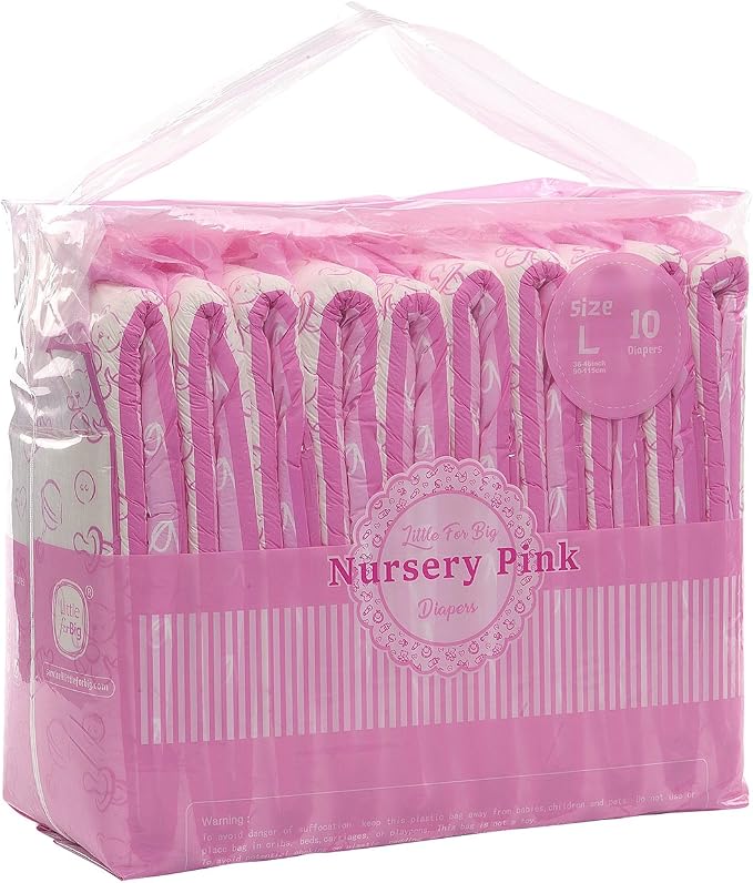 Littleforbig Adult Printed Diaper 10 Pieces - Nursery Pink (Large 36"-46")