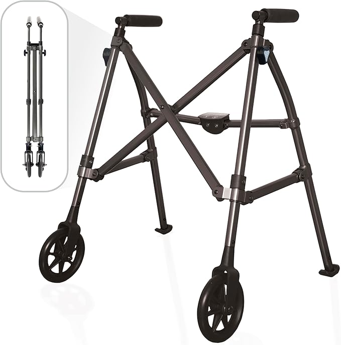 Stander Space Saver Walker Short, Lightweight Folding Rolling Mobility Aid for Juniors & Petite Adults, Compact 2-Wheel Disability Device with 6-inch Wheels & Rear Ski Glides, Black Walnut
