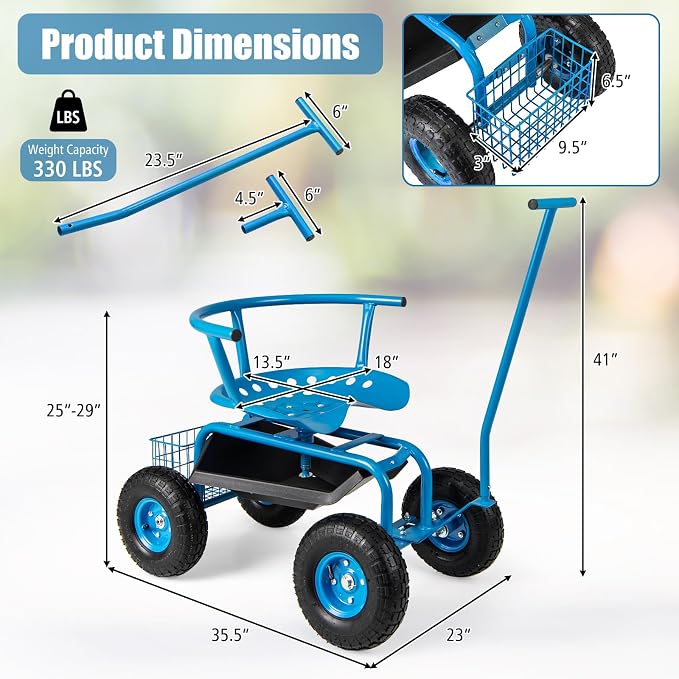 Goplus Rolling Garden Seat with Wheels, Outdoor Garden Cart with 360° Swivel Seat & Tool Storage, 2 Steering Handles, Gardening Stool Wagon Scooter, Lawn, Patio Gardening Workseat for Seniors