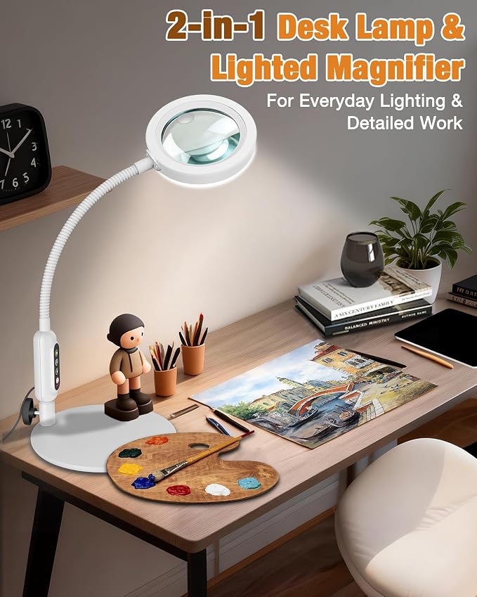 30X 10X Magnifying Glass with Light and Stand, 5 Color Modes Stepless Dimmable, Optical Grade HD Lens, LED Lighted Magnifier Hands Free with 20.5in Flexible Gooseneck for Close Work - White