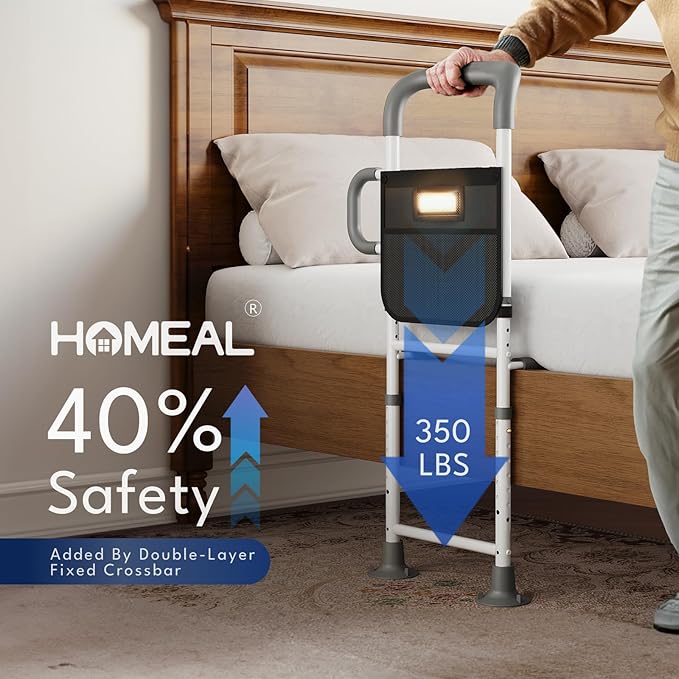 HOMEAL Bed Rails for Elderly Adults Safety - Adjustable Bed Assist Rails for Seniors, Adult Bed Guard Rail with Non-Slip Ergonomic Handle and Storage Pocket (Grey (Without Sensor Light), Long)