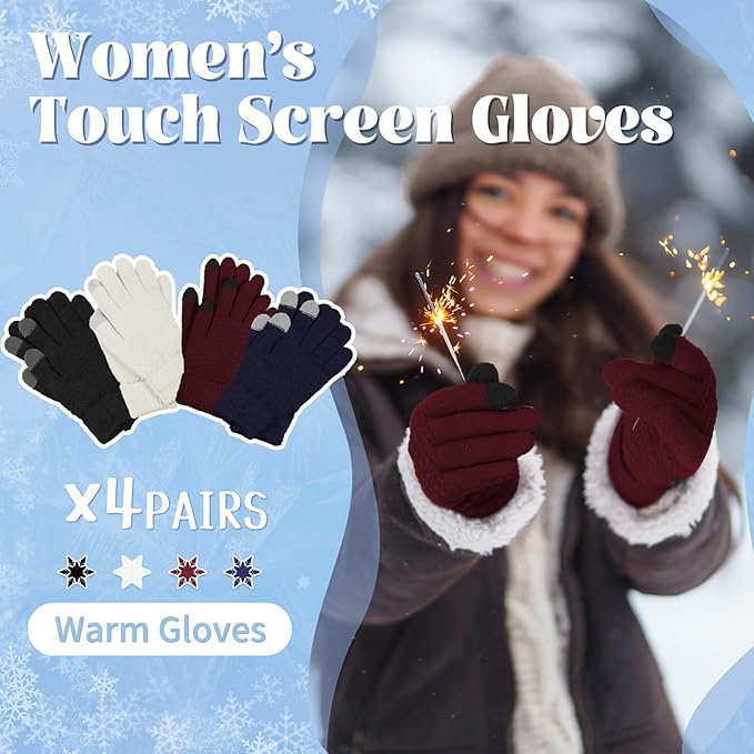 Omisy 4 Pairs Women Winter Gloves Touchscreen Cold Weather Mitten, Christmas Gifts for Adult Stockings Stuffers Mom Wife
