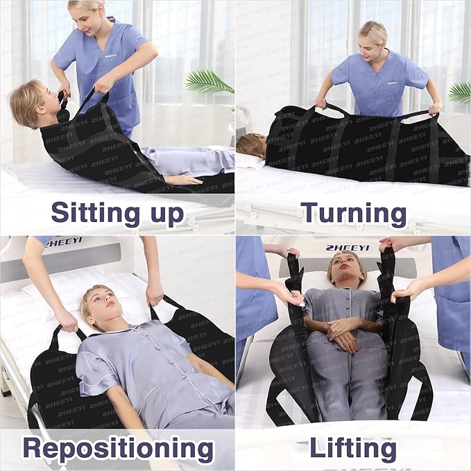 Bed Positioning Pad with Reinforced Handles 48" x 40" Lifting Turning Patient Sheet Transfer Blanket for Caregiver, Bedridden, Elderly, Black