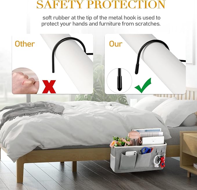 Bedside Caddy Bedside Storage Bag for Headboards/Bunk Bed | Hanging Bed Caddy with Hooks fits Bunk bed Hospital Beds Dorm Bed Rails, Essentials for Phones, Books, Remotes, Water Bottles