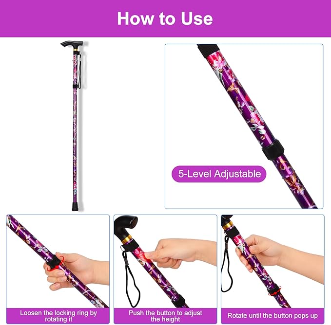 supregear Folding Cane, 5-Level Adjustable Height Walking Stick Lightweight Collapsible Portable Travel Cane with Wrist Strap and T Handle for Elderly Disabled Men Women