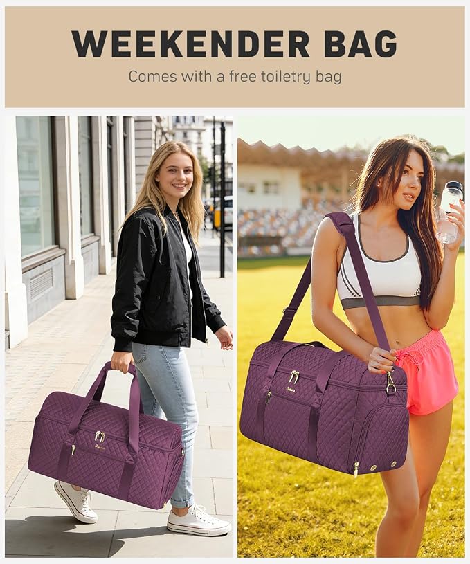 Weekender Bags for Women, Wide Open Large Travel Duffle Bag with Shoe Compartment, Overnight Carry on Bag Personal Item Travel Bag with Wet Pocket (Dark Purple)