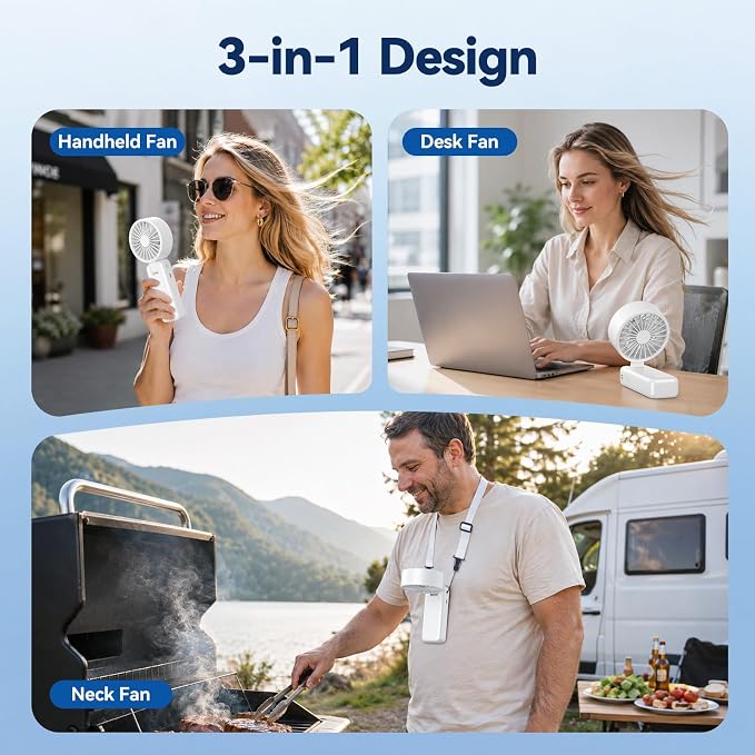 Handheld Fan, 5 Speed & 14H Cooling Time Portable Fan, 6000mAh USB Rechargeable Mini Fan with LED Display, Powerful but Quiet, Foldable Desk Fan, Lanyard for Neck Fan, Personal Fan for Travel/Office