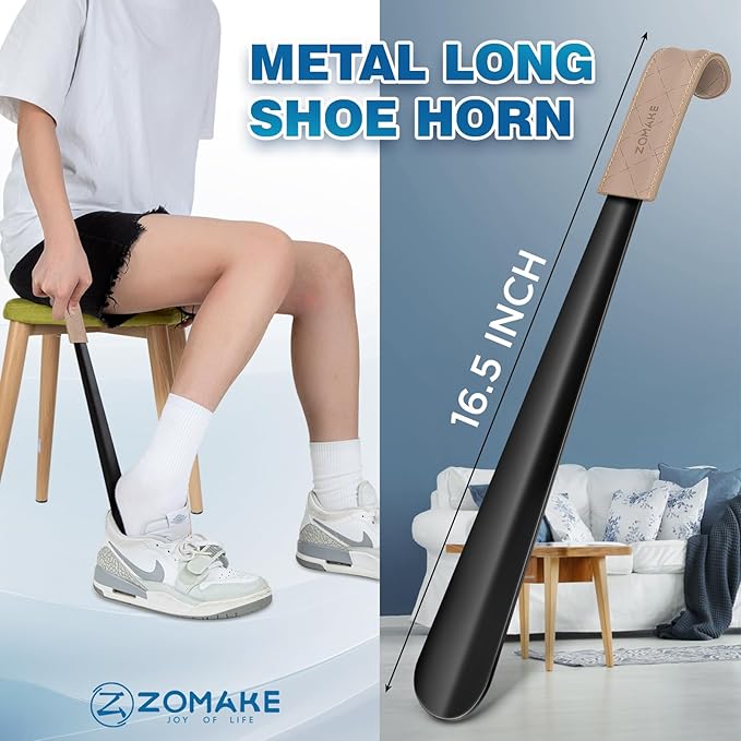 ZOMAKE Shoe Horn Long Handle for Seniors Men Women,Metal Long Shoehorn for Boots,16.5" Shoe Spoon Helper(Line Handle)