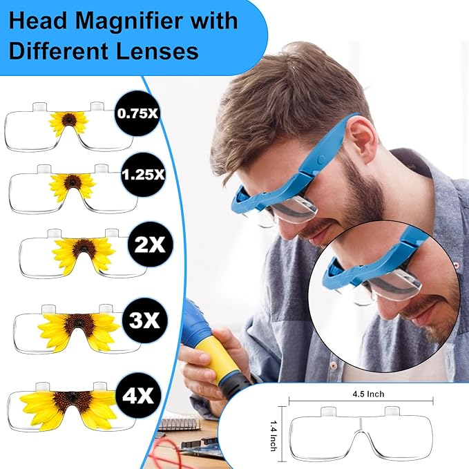 Magnifying Glass with Light Hands Free, Rechargeable Magnifying Glasses Headset with 5 Detachable Lenses and Storage Case for Close Work, Reading, Jewelry Making Crafts (Blue)