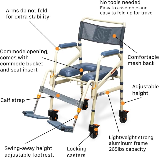SolutionBased - - Lightweight Aluminum Folding Rolling Shower Chair for Elderly and Disabled - Rolling Commode Shower Wheelchair - Commode - Handicap Shower Chair with Wheels