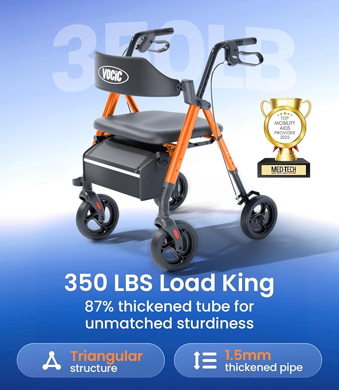 VOCIC Z21 Rollator Walker for Seniors with Seat, 8" All Terrain, 350 LBS | Lightweight Foldable & Dual Height Adjustable for Seniors, Ergonomic Arc Seat&6" Ultra Backrest Provide Comfort, Orange