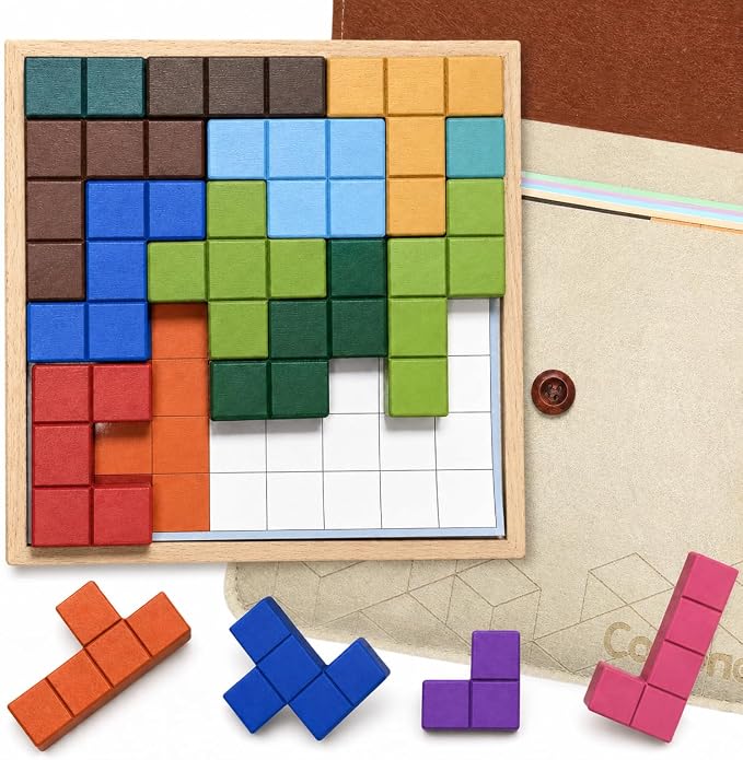Wooden Tile Matching Game for Seniors, Dementia Activities with 40 Double-Sided Pattern Cards, Large Solid Wood Tiles and Felt Divider Storage Bag