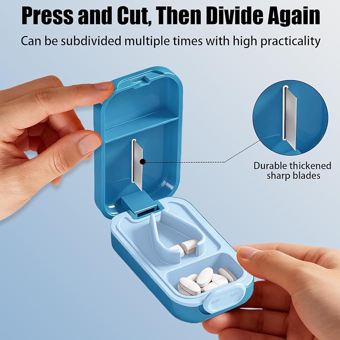 Pill Cutter Splitter for Small or Large Pills with Safety Lock - Accurate and Easy Travel-Friendly Design for Daily Use (Blue)