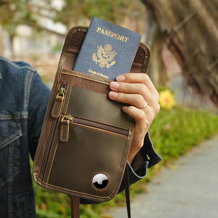 Polare Full Grain Leather Neck Wallet RFID Blocking Conceal Passport Holder Travel Pouch with AirTag Slot for Men