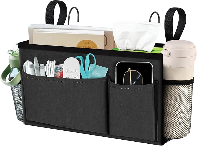BlissTotes Bedside Caddy, Dorm Storage with Pockets, Bunk Bed Accessories | Hanging Bed Storage Organizer with Hooks, Bedside Shelf Bag, Magazine Holder for Home, College, Hospital (Dark Grey, 1 Pack)