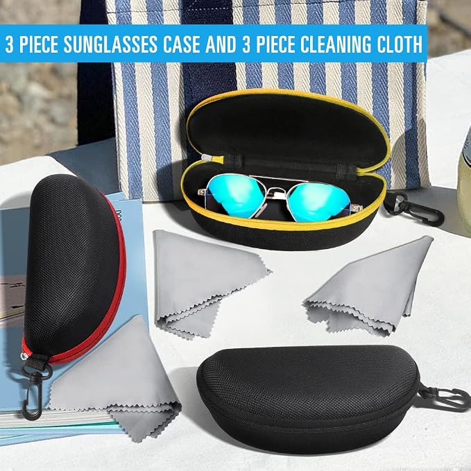 ZONLY 3 Pack Sunglasses Case Portable Travel Zipper Eyeglasses Case Hook With Cleaning Cloth