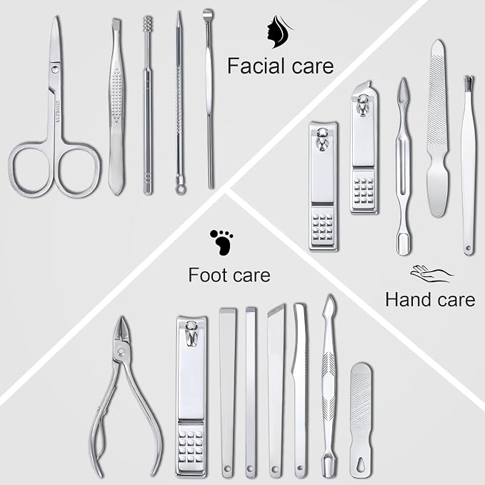 Yougai Manicure Set 18 Pieces Professional Nail Clippers Pedicure Kit Men Women, Stainless Steel Fingernail Toenail Cutters, Nail Care Grooming Tools with Leather Travel Case