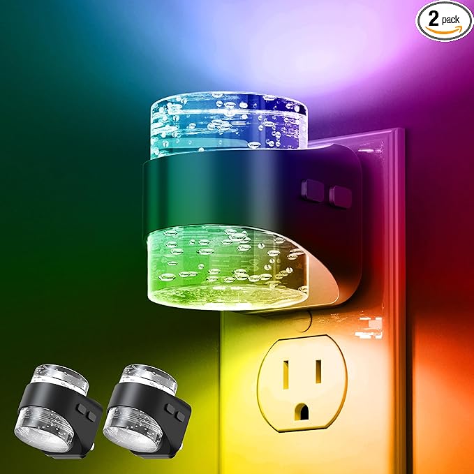 L LOHAS LED Night Light, RGB Bubble Night Lights Plug into Wall, 2 Pack 10-Color Change Night Light,Dimmable Nightlights with Dusk to Dawn Sensor for Rooms Bathroom Hallway