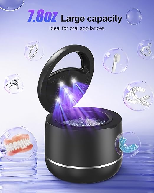 Ultrasonic Retainer Cleaner, 48kHz Denture Cleaner Machine with Dual Mode Digital Timer for Braces, Night Guard, Mouthguard, Toothbrush, Jewelry, 7.8OZ Dental Cleaning Pod