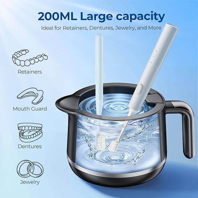 Dental Ultrasonic Retainer Cleaner Machine: Dental Cleaning Pod for Denture/Mouth Guard/Aligner/Night Guard/Braces/Toothbrush Heads/Jewelry - 45kHz Retainer Cleaner with Digital Timer & 200ML