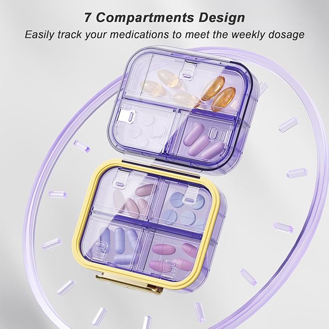 Portable Travel Pill Organizer with 7 Compartments - Perfect Weekly Pill Case Waterproof Pill Box for Daily Vitamins and Medicine, Small Pill Container for Pocket Purse (Black)