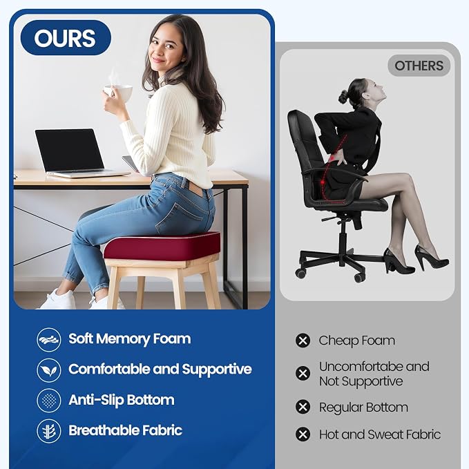 SweetSlubr Seat Cushion for Tailbone Pain Relief, Office Chair Cushion, Memory Foam Large Chair Pad with Non-Slip Cover for Soft Support at Office Chair, Car Seat, Airplane Red/Large