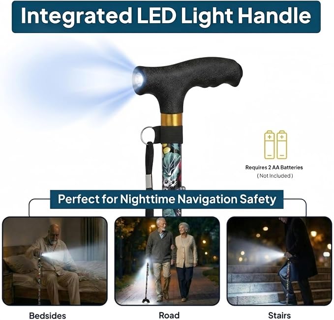 Walking Cane with LED Light, Foldable,Adjustable, Self Standing Walking Canes for Men & Women,Walking Sticks with Quad Base for Seniors & Adults