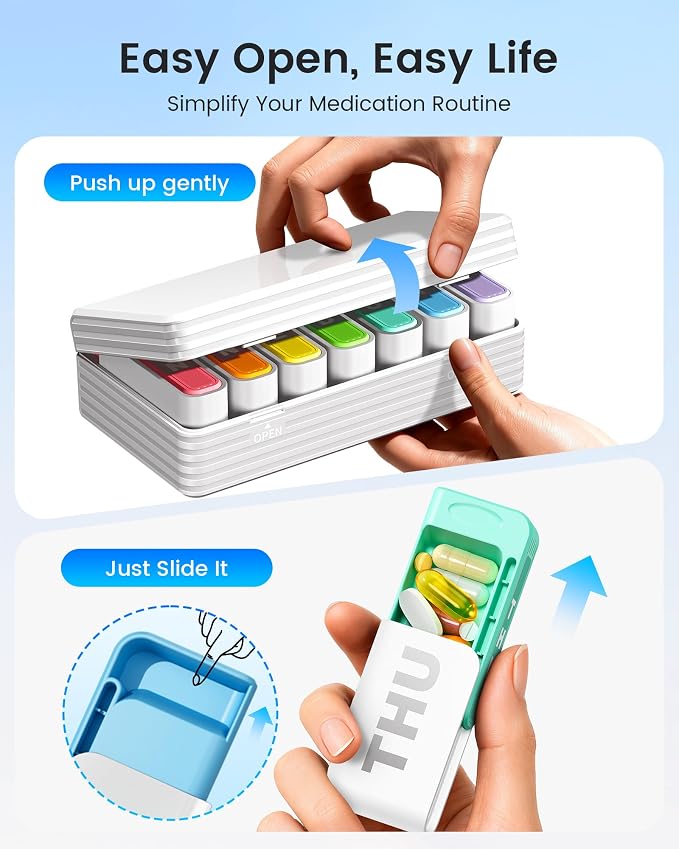 Daviky Pill Organizer 1 Time a Day, Drawer Style 7 Day Pill Case with Detachable Daily Boxes, Large Capacity Travel Pill Organizer for Vitamins, Fish Oil, Supplements, Color Coded