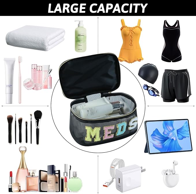 Medicine Bag, Portable Meds Bag with Chenille Letters, Breathable Mesh Makeup Bag Organizer for Travel, Pill Storage & Cosmetic Collection