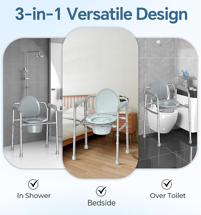 HOMLAND 3-in-1 Bedside Commode Chair with Sturdy Dual-Crossbar Support Construction, Stable Portable Commode Toilet with 7.5Qt Potty Bucket, 350 Lbs Bedside Commodes for Seniors, Silver