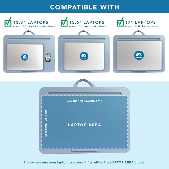 LAPGEAR The Original Lap Desk – Sky Blue, Fits 17" Laptops | Microbead Cushion, Device Ledge, Built-In Pencil Tray, Carry Handle