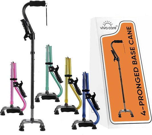 VIVA CARE Walking Cane with 4 Prongs and Extra Side Handle – Adjustable, for Balance & Stability for Adults, Seniors, and Injured.