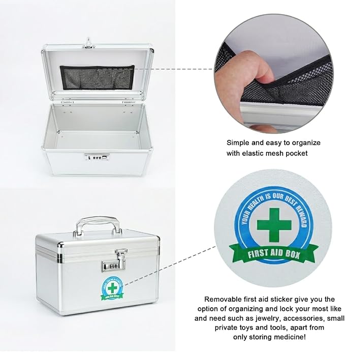 Medication Lock Box with Combination, Lockable Medicine Storage Box, Empty First Aid Box, Security Lock Box, Medical Organizer, Multipurpose Locking Box for Home and Outdoor (Silver, Medium)